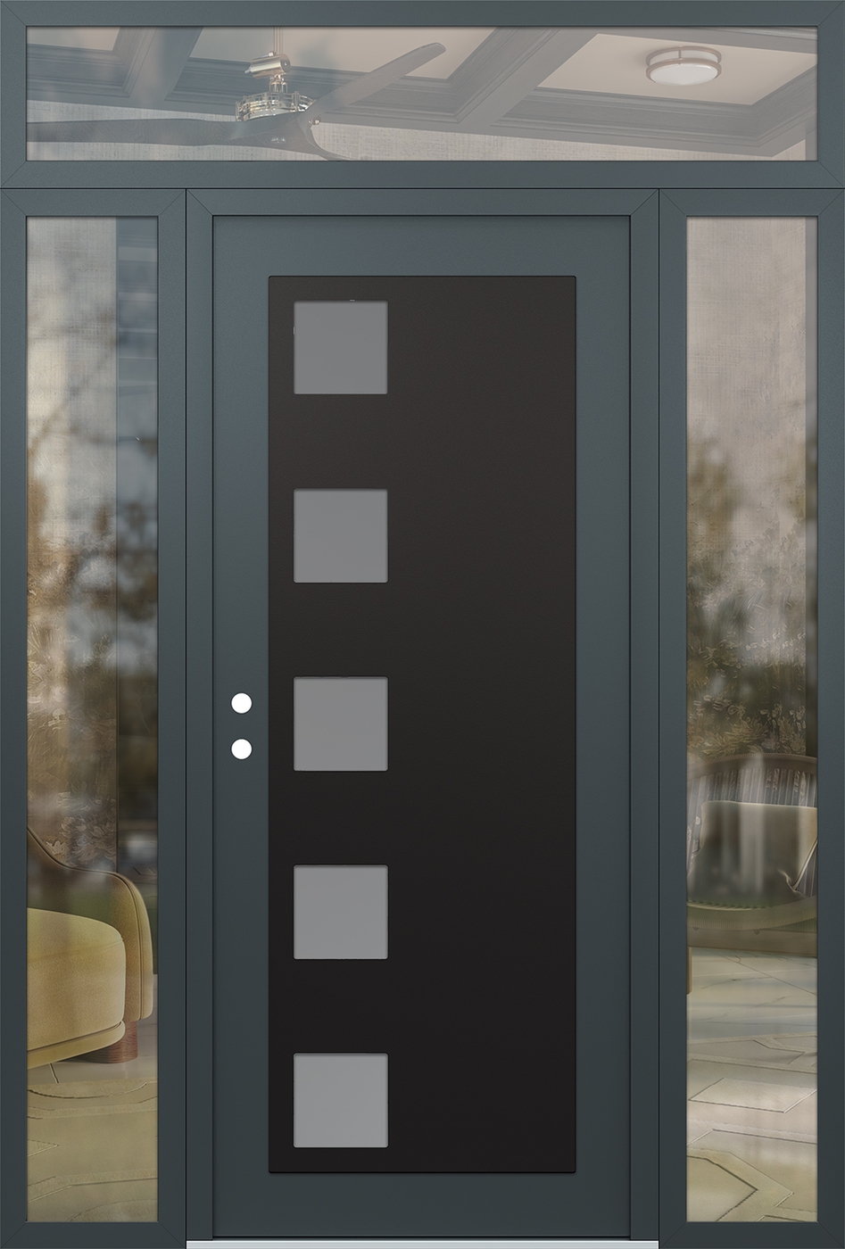 Modern Steel Front Door Diamond C5 64" x 96" anthracite/anthracite frosted Glass Panel black RHI with 2 Sidelites and Transom clear Glass