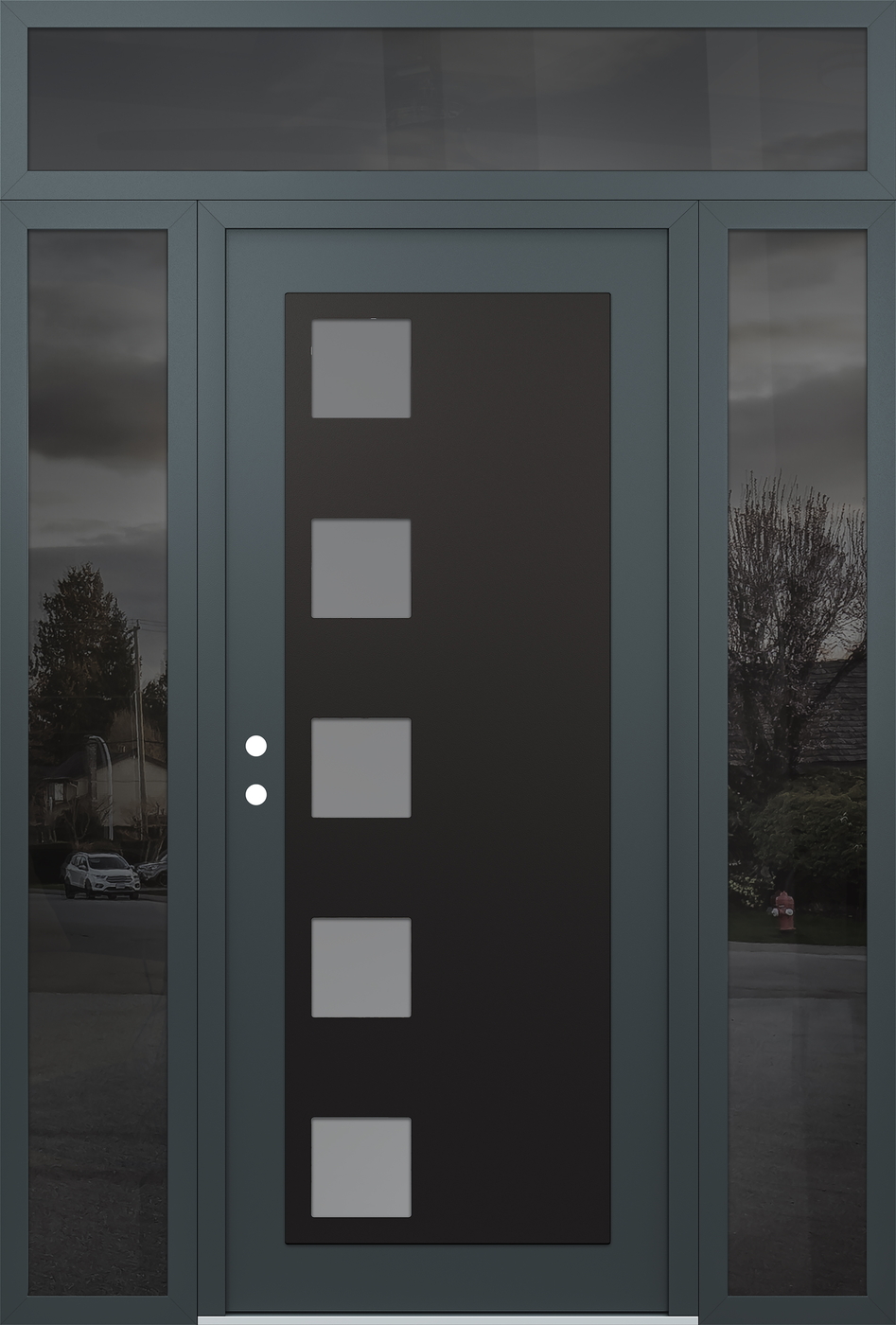 Modern Steel Front Door Diamond C5 64" x 96" anthracite/anthracite frosted Glass Panel black RHI with 2 Sidelites and Transom mirrored Glass