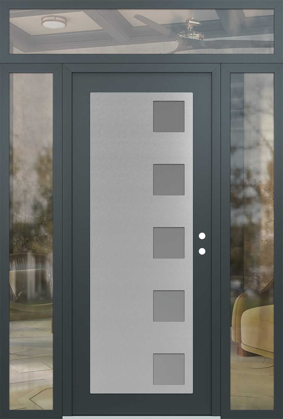 Modern Steel Front Door Diamond C5 64" x 96" anthracite/anthracite frosted Glass Panel stainless steel LHI with 2 Sidelites and Transom clear Glass