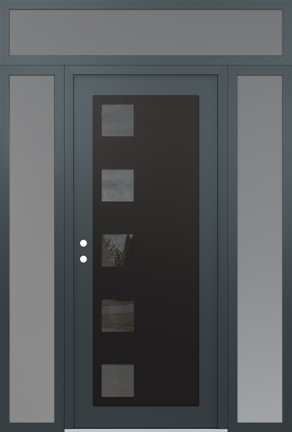 Modern Steel Front Door Diamond C5 64" x 96" anthracite/anthracite mirrored Glass Panel black RHI with 2 Sidelites and Transom frosted Glass