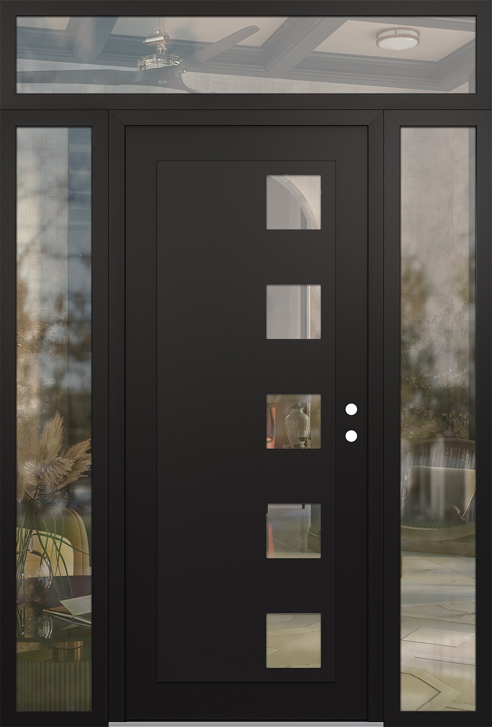 Modern Steel Front Door Diamond C5 64" x 96" black/black clear Glass Panel black LHI with 2 Sidelites and Transom clear Glass