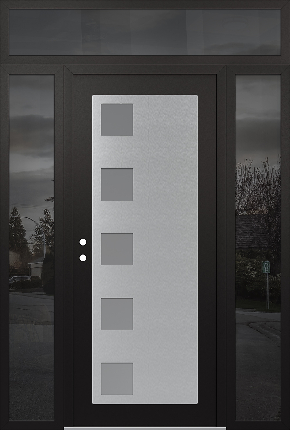 Modern Steel Front Door Diamond C5 64" x 96" black/white frosted Glass Panel stainless steel RHI with 2 Sidelites and Transom mirrored Glass