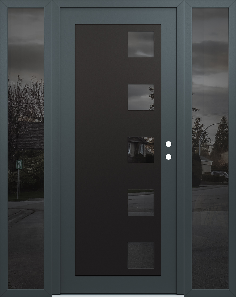 Modern Steel Front Door Diamond C5 68" x 80" anthracite/anthracite mirrored Glass Panel black LHI with 2 Sidelites mirrored Glass