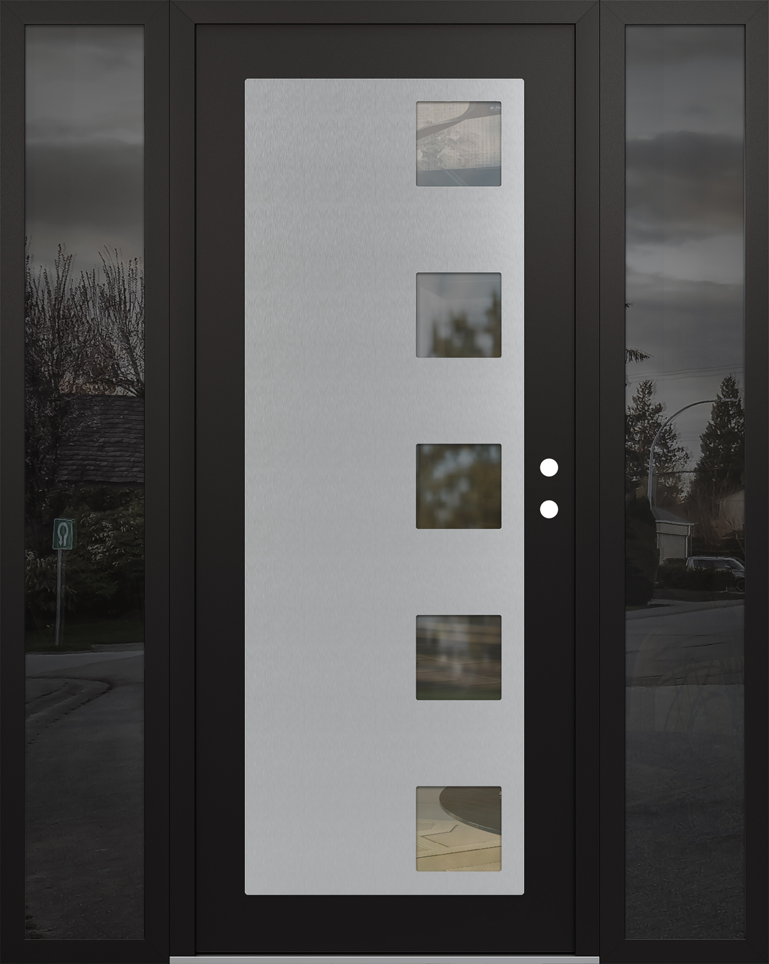 Modern Steel Front Door Diamond C5 68" x 80" black/black clear Glass Panel stainless steel LHI with 2 Sidelites mirrored Glass
