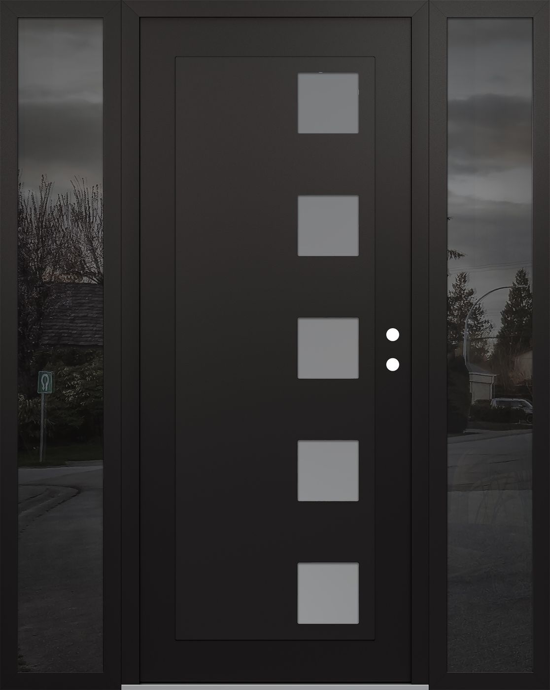 Modern Steel Front Door Diamond C5 68" x 80" black/white frosted Glass Panel black LHI with 2 Sidelites mirrored Glass