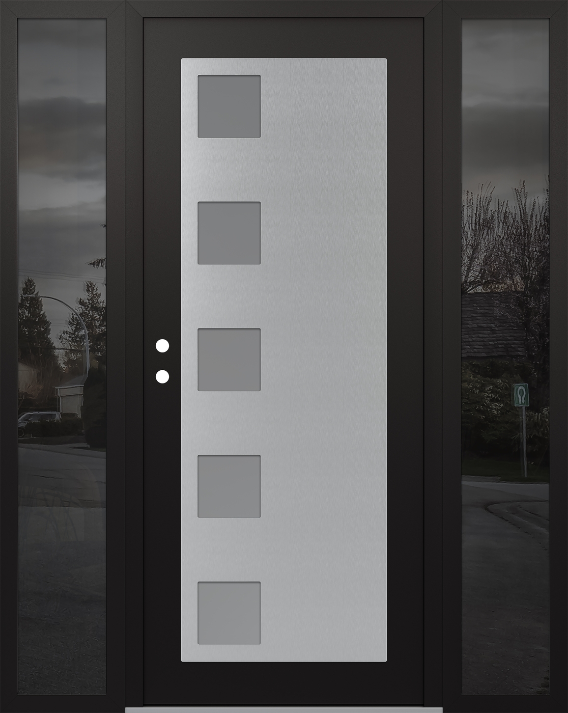 Modern Steel Front Door Diamond C5 68" x 80" black/white frosted Glass Panel stainless steel RHI with 2 Sidelites mirrored Glass
