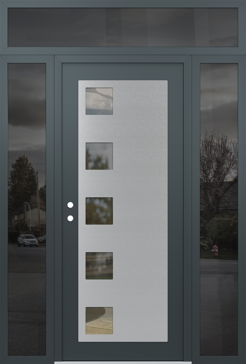 Modern Steel Front Door Diamond C5 68" x 96" anthracite/anthracite clear Glass Panel stainless steel RHI with 2 Sidelites and Transom mirrored Glass