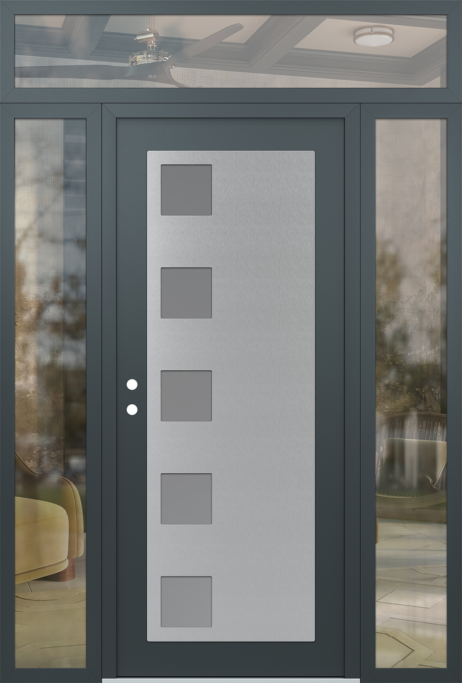 Modern Steel Front Door Diamond C5 68" x 96" anthracite/anthracite frosted Glass Panel stainless steel RHI with 2 Sidelites and Transom clear Glass