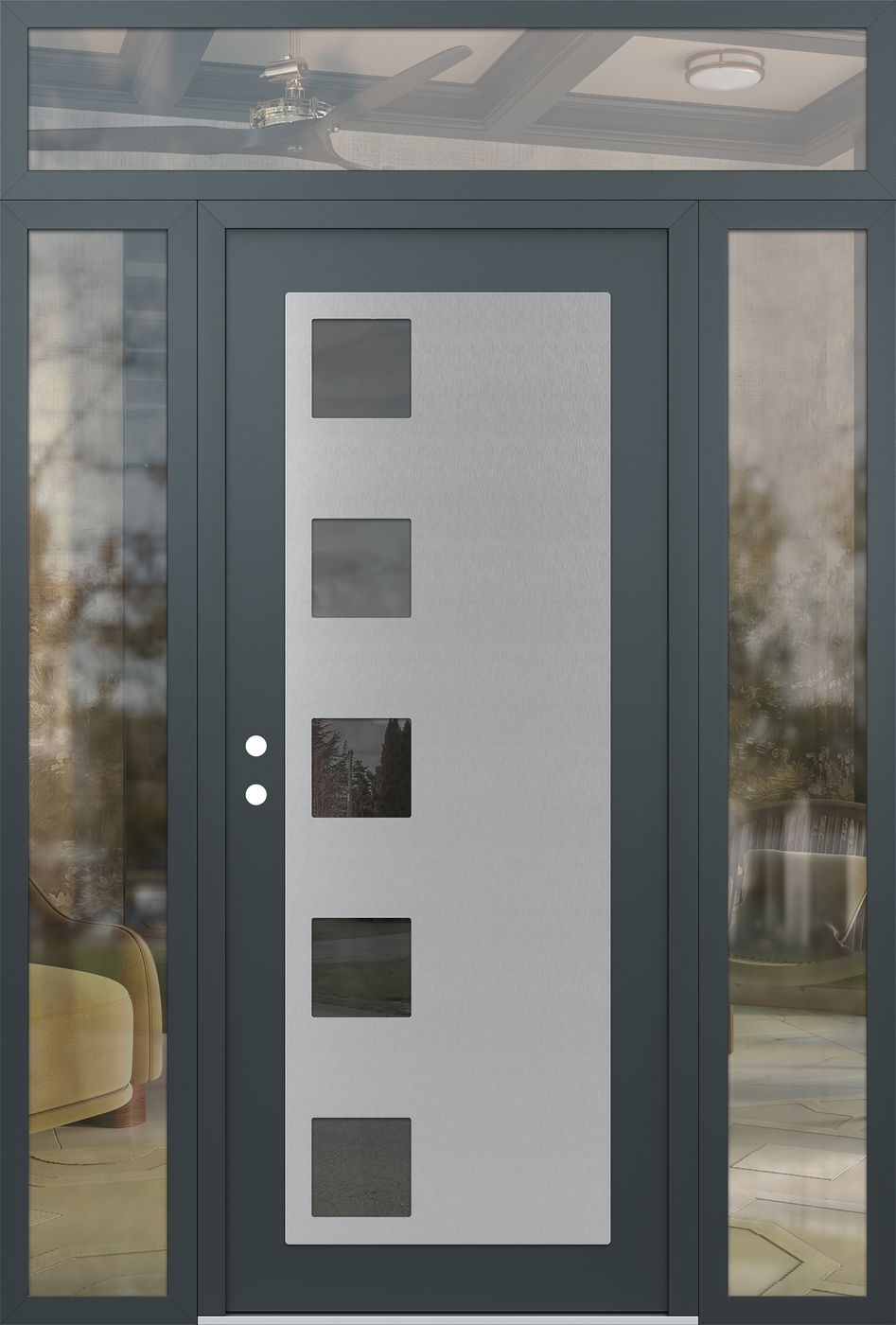 Modern Steel Front Door Diamond C5 68" x 96" anthracite/anthracite mirrored Glass Panel stainless steel RHI with 2 Sidelites and Transom clear Glass