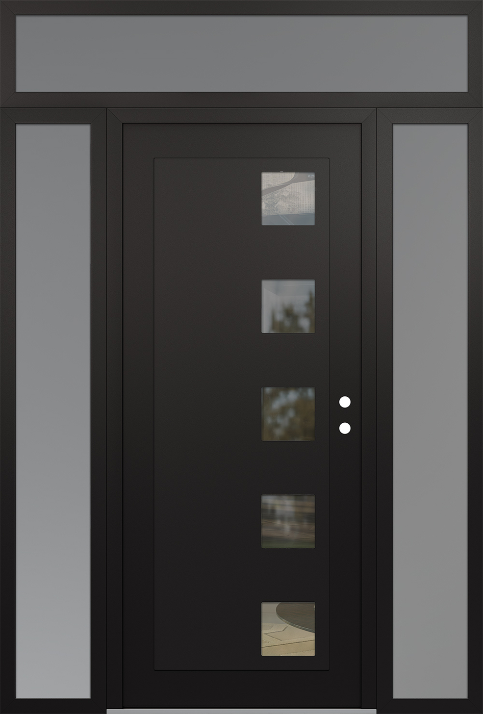 Modern Steel Front Door Diamond C5 68" x 96" black/black clear Glass Panel black LHI with 2 Sidelites and Transom frosted Glass