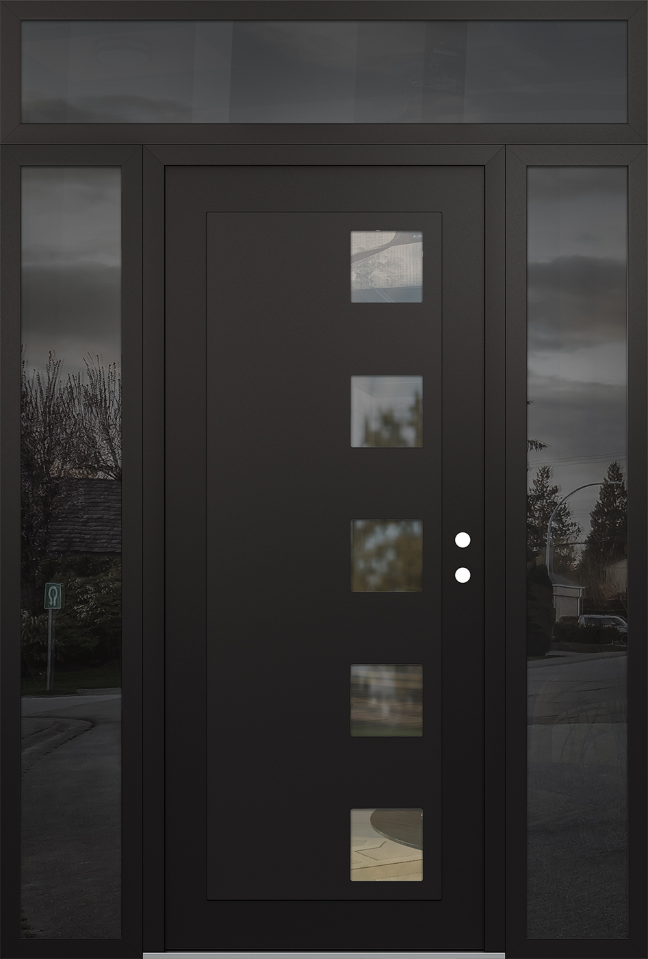 Modern Steel Front Door Diamond C5 68" x 96" black/black clear Glass Panel black LHI with 2 Sidelites and Transom mirrored Glass