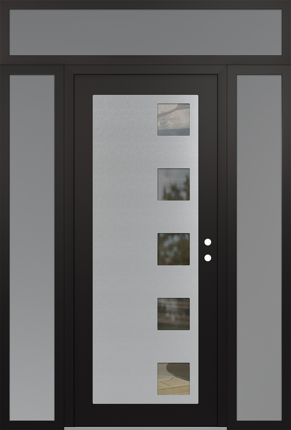 Modern Steel Front Door Diamond C5 68" x 96" black/black clear Glass Panel stainless steel LHI with 2 Sidelites and Transom frosted Glass