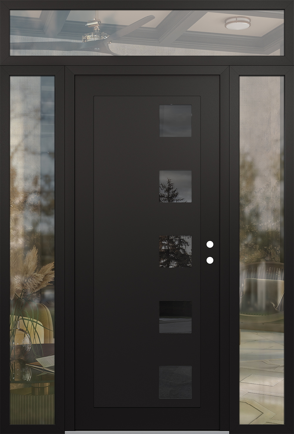 Modern Steel Front Door Diamond C5 68" x 96" black/black mirrored Glass Panel black LHI with 2 Sidelites and Transom clear Glass