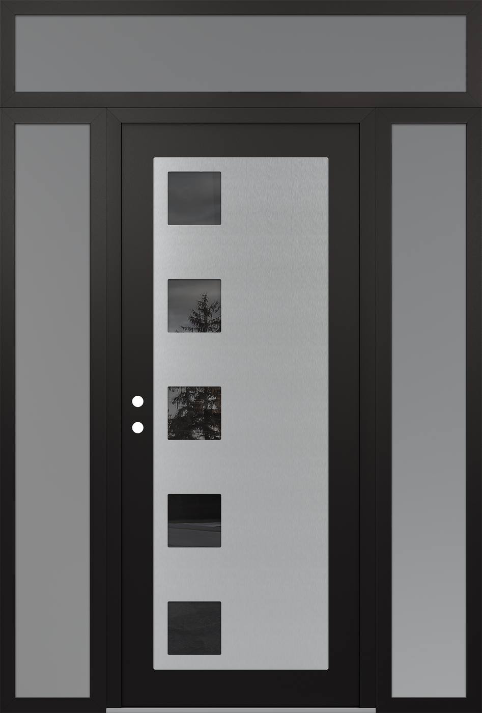 Modern Steel Front Door Diamond C5 68" x 96" black/black mirrored Glass Panel stainless steel RHI with 2 Sidelites and Transom frosted Glass