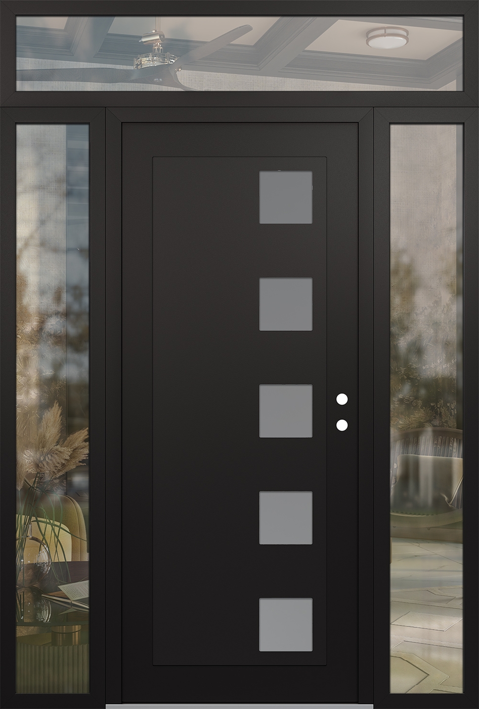 Modern Steel Front Door Diamond C5 68" x 96" black/white frosted Glass Panel black LHI with 2 Sidelites and Transom clear Glass
