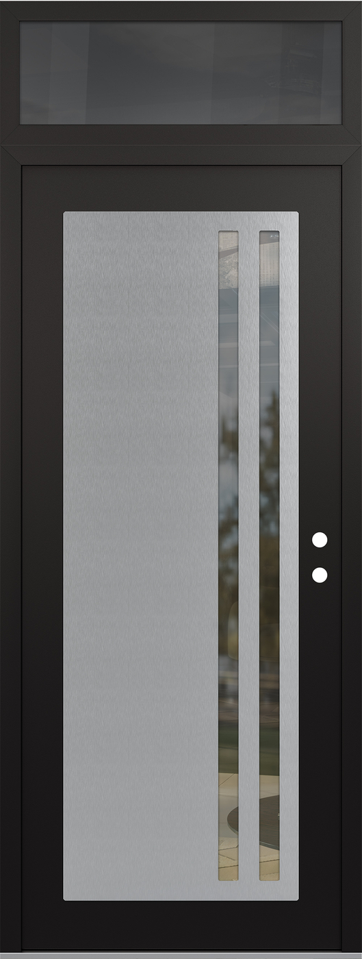 Modern Steel Front Door DIAMOND C6 36" X 96" BLACK/BLACK CLEAR GLASS PANEL STAINLESS STEEL LHI WITH TRANSOM MIRRORED GLASS