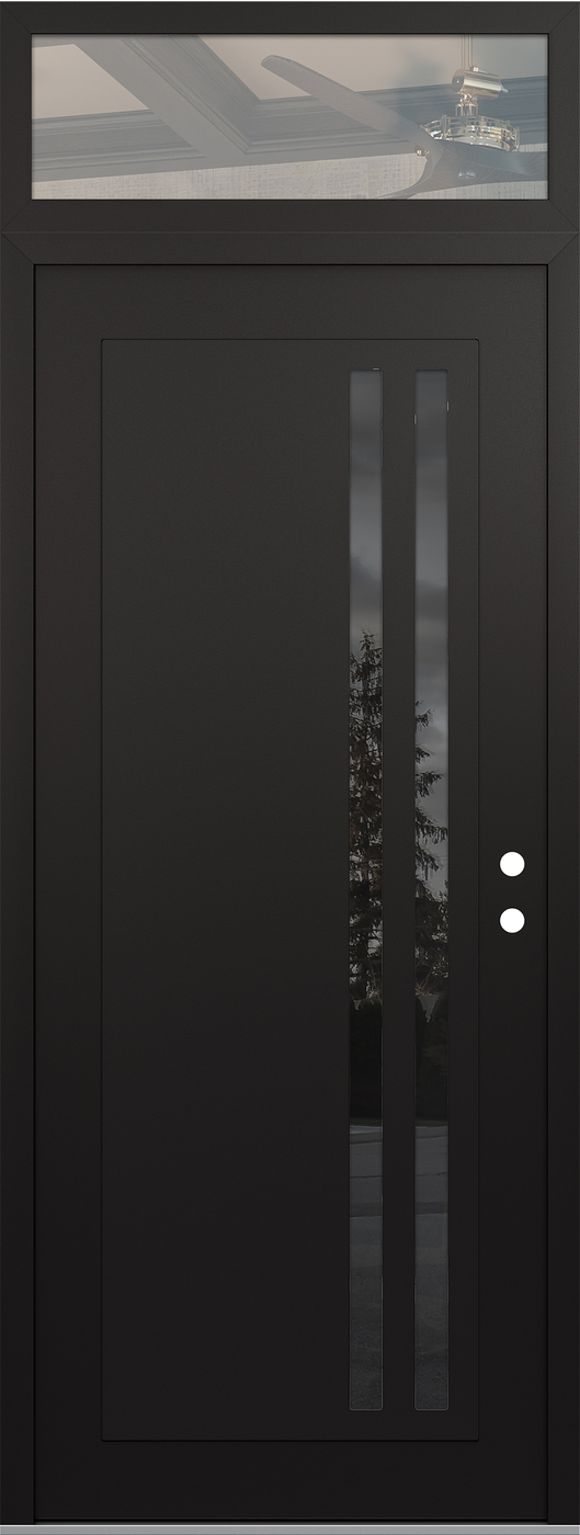 Modern Steel Front Door DIAMOND C6 36" X 96" BLACK/BLACK MIRRORED GLASS PANEL BLACK LHI WITH TRANSOM CLEAR GLASS