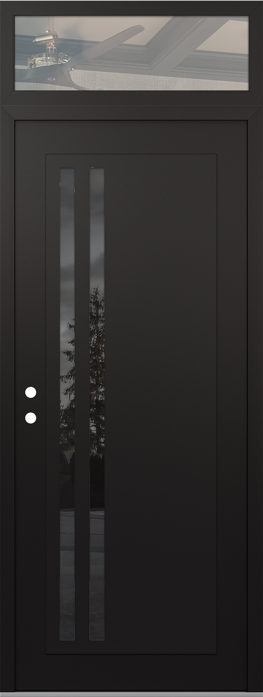 Modern Steel Front Door DIAMOND C6 36" X 96" BLACK/BLACK MIRRORED GLASS PANEL BLACK RHI WITH TRANSOM CLEAR GLASS