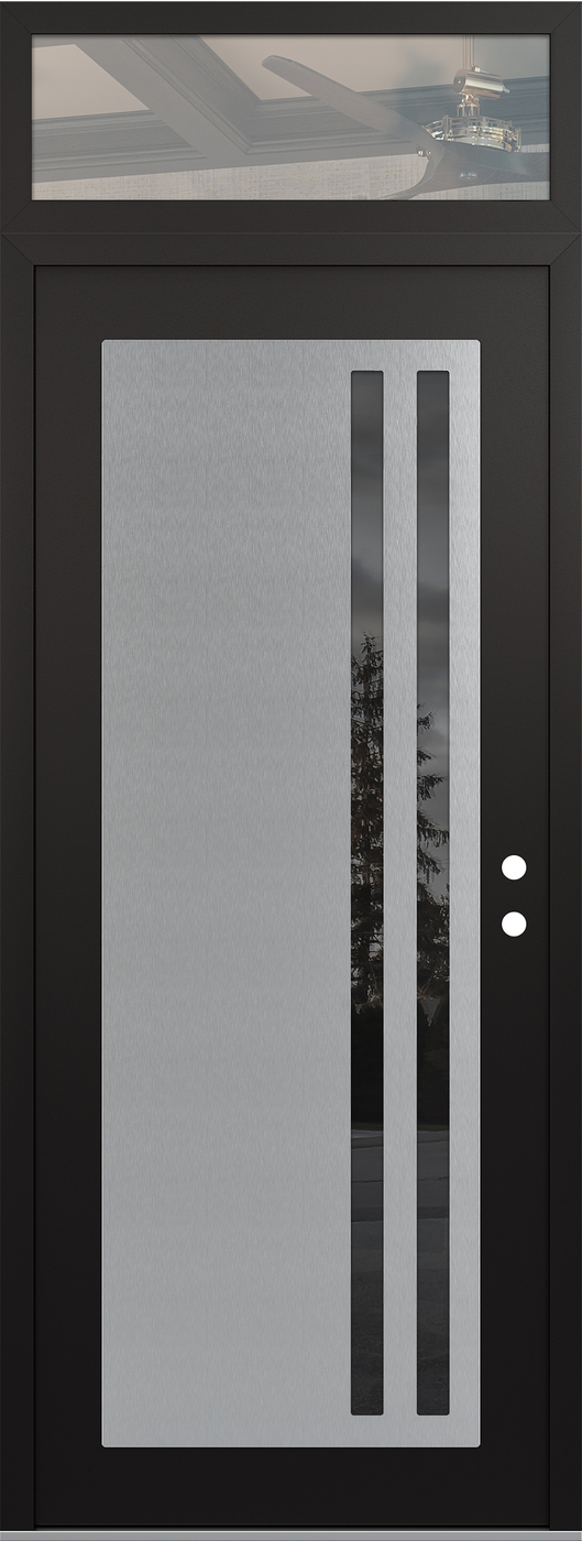 Modern Steel Front Door DIAMOND C6 36" X 96" BLACK/BLACK MIRRORED GLASS PANEL STAINLESS STEEL LHI WITH TRANSOM CLEAR GLASS