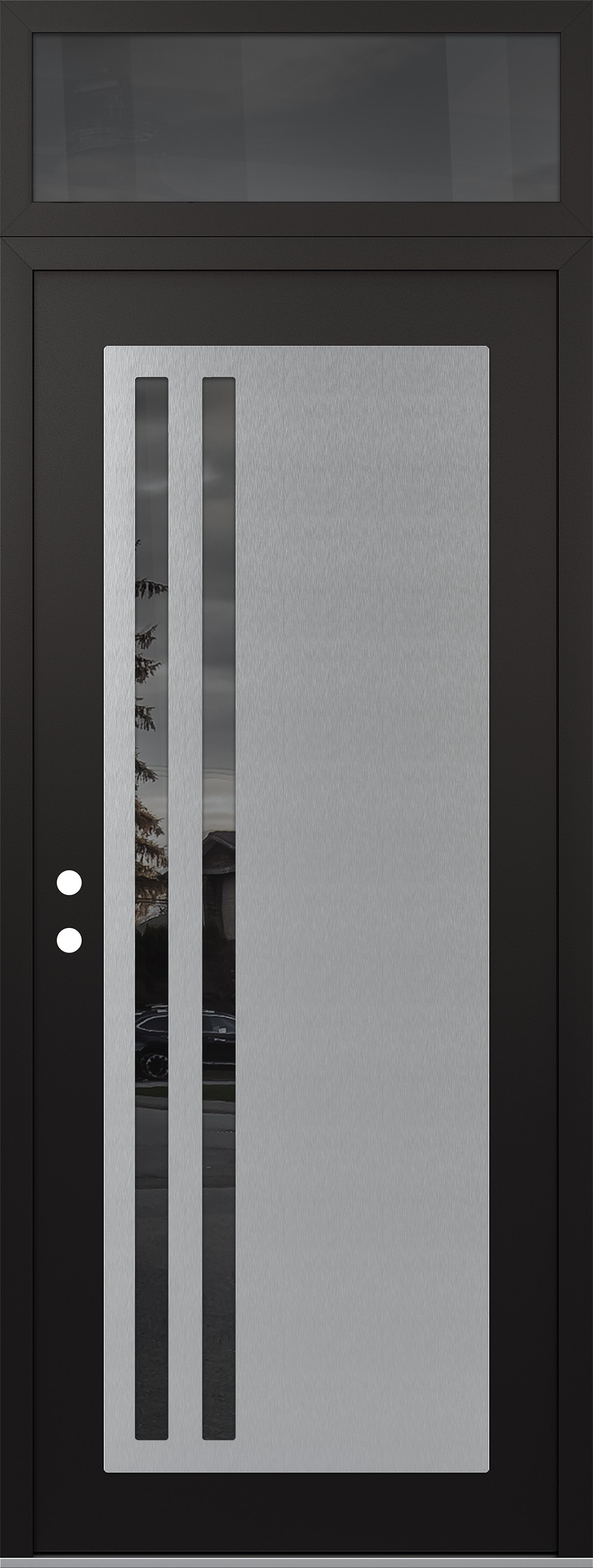 Modern Steel Front Door DIAMOND C6 36" X 96" BLACK/BLACK MIRRORED GLASS PANEL STAINLESS STEEL RHI WITH TRANSOM MIRRORED GLASS