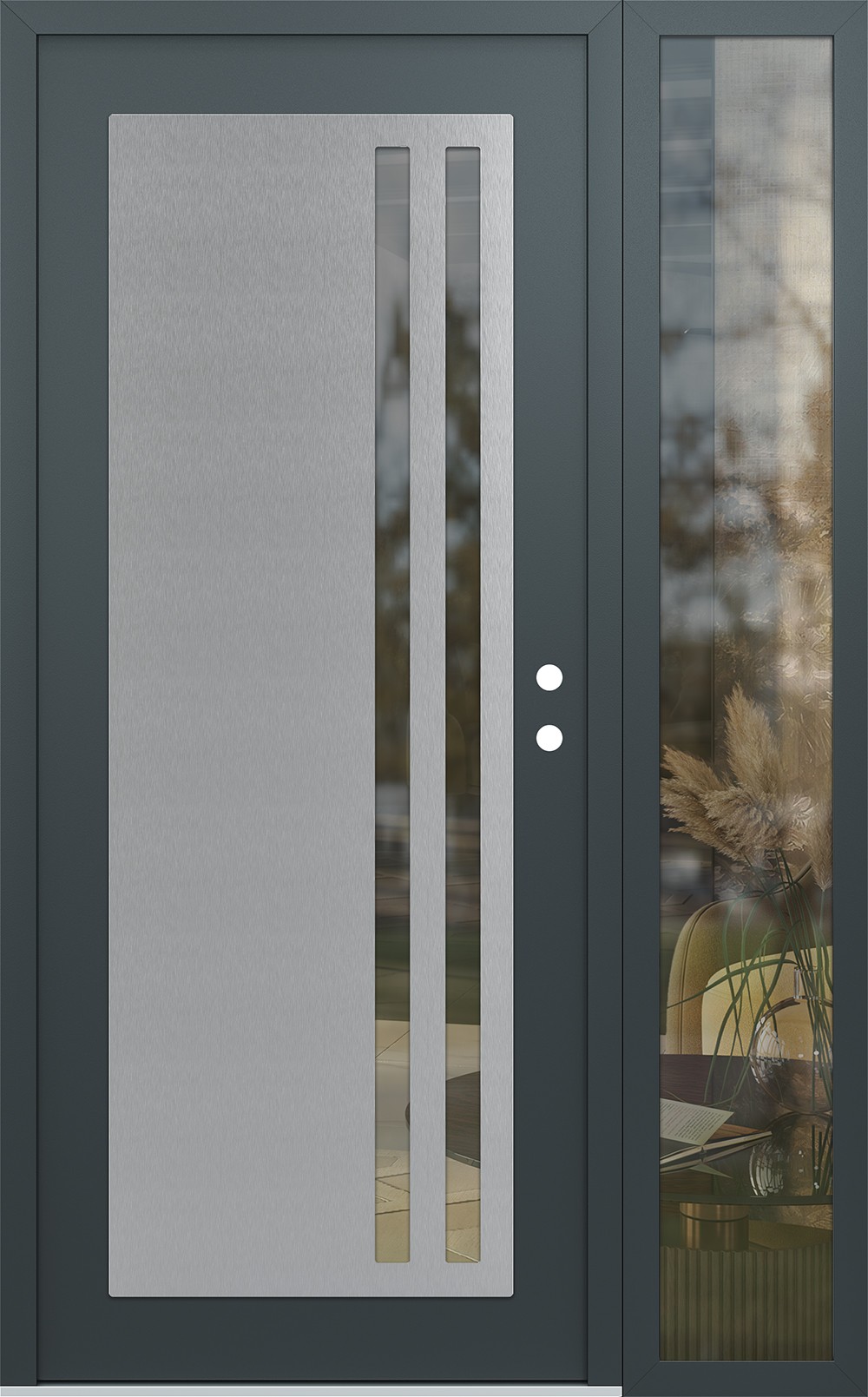 Modern Steel Front Door Diamond C6 48" x 80" anthracite/anthracite clear Glass Panel stainless steel LHI with Sidelite clear Glass