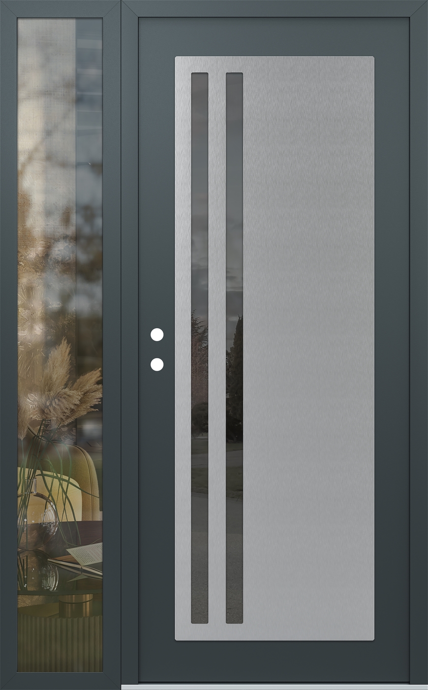 Modern Steel Front Door Diamond C6 48" x 80" anthracite/anthracite mirrored Glass Panel stainless steel RHI with Sidelite clear Glass