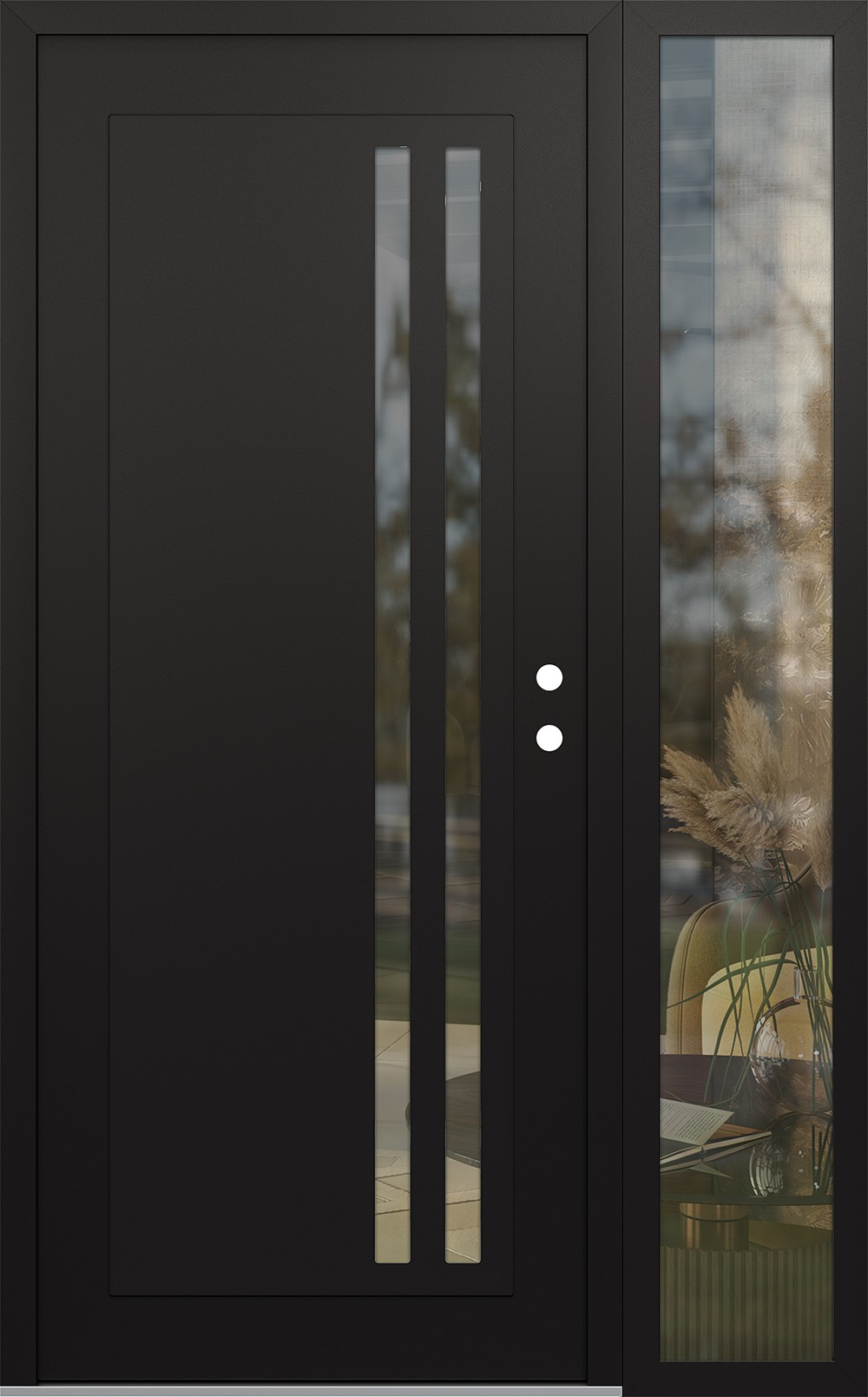 Modern Steel Front Door Diamond C6 48" x 80" black/black clear Glass Panel black LHI with Sidelite clear Glass