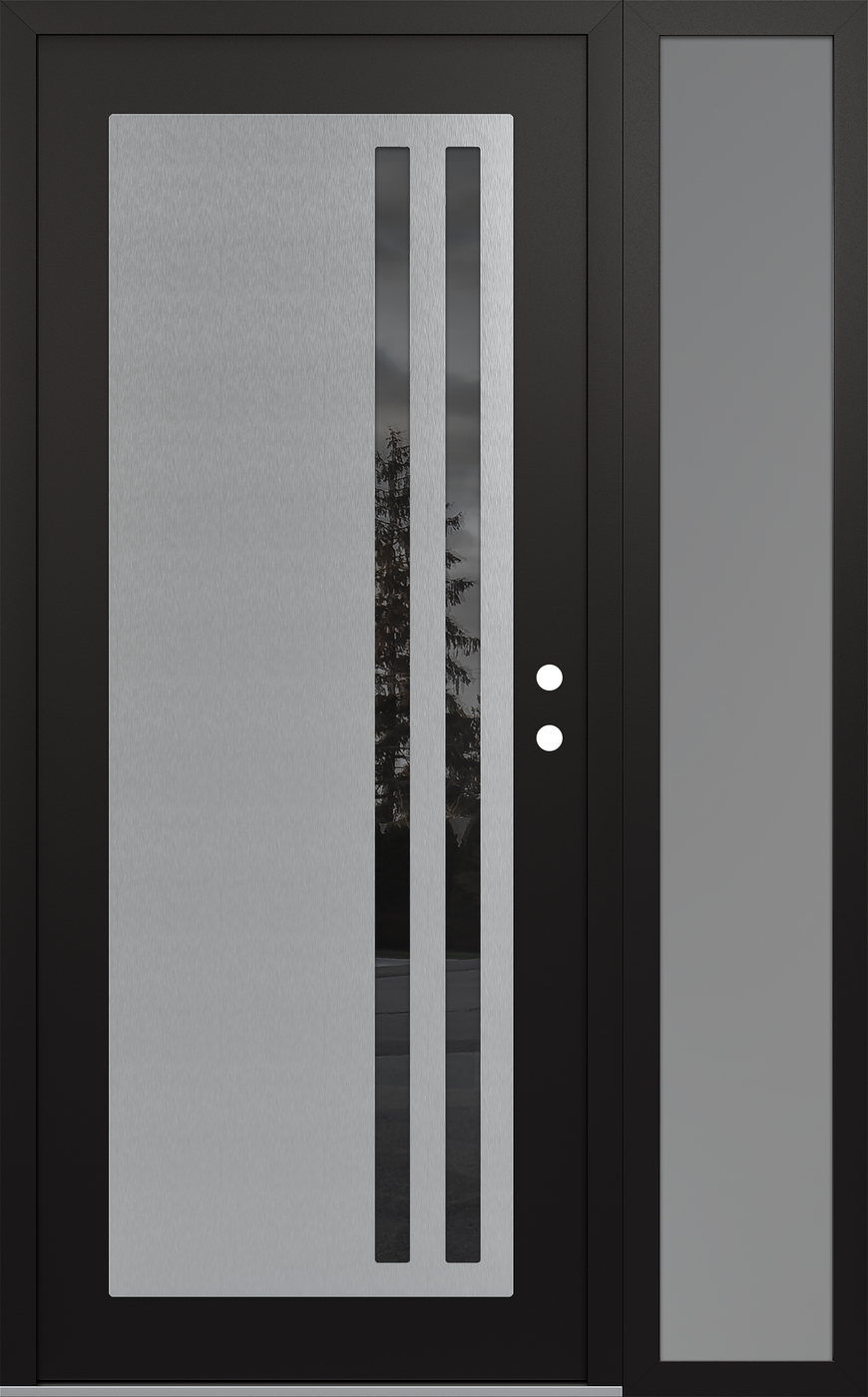 Modern Steel Front Door Diamond C6 48" x 80" black/black mirrored Glass Panel stainless steel LHI with Sidelite frosted Glass
