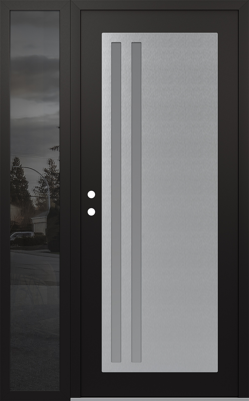 Modern Steel Front Door Diamond C6 48" x 80" black/white frosted Glass Panel stainless steel RHI with Sidelite mirrored Glass
