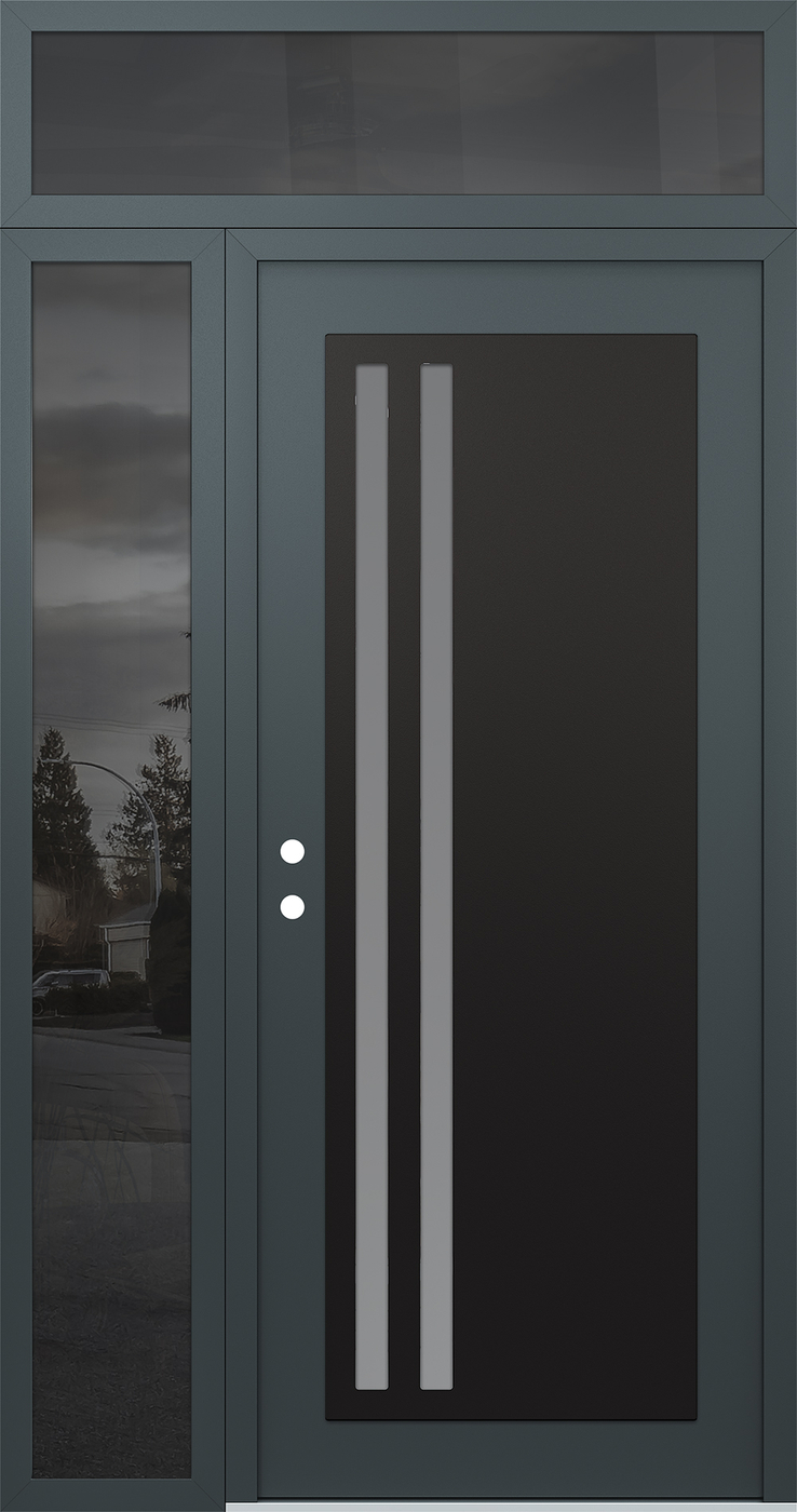 Modern Steel Front Door Diamond C6 48" x 96" anthracite/anthracite frosted Glass Panel black RHI with Sidelite and Transom mirrored Glass