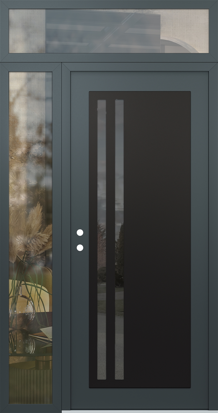 Modern Steel Front Door Diamond C6 48" x 96" anthracite/anthracite mirrored Glass Panel black RHI with Sidelite and Transom clear Glass