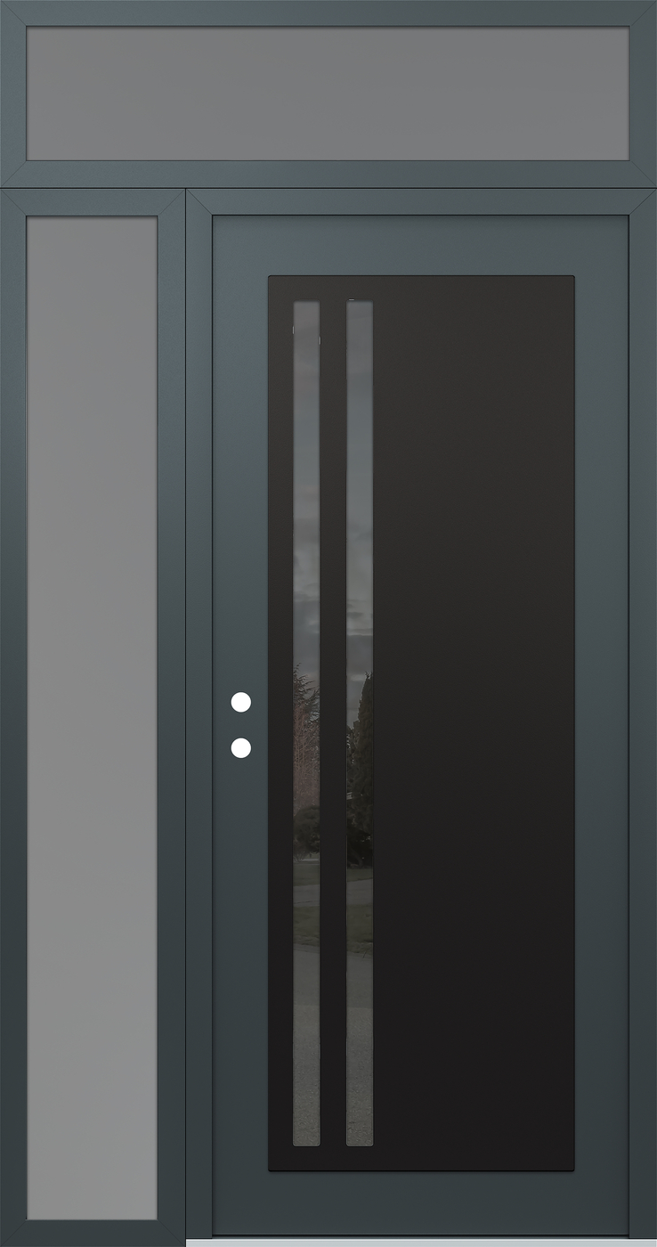 Modern Steel Front Door Diamond C6 48" x 96" anthracite/anthracite mirrored Glass Panel black RHI with Sidelite and Transom frosted Glass