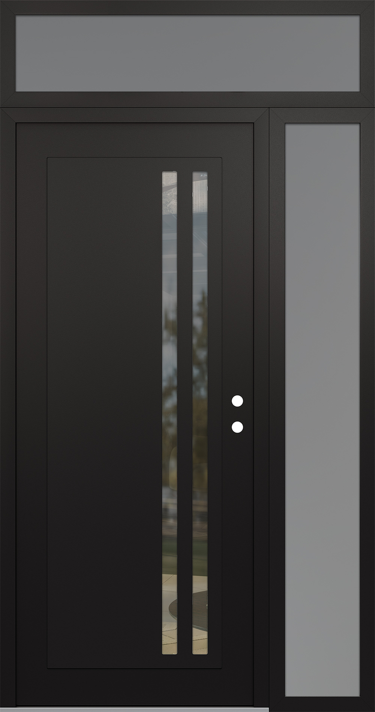 Modern Steel Front Door Diamond C6 48" x 96" black/black clear Glass Panel black LHI with Sidelite and Transom frosted Glass