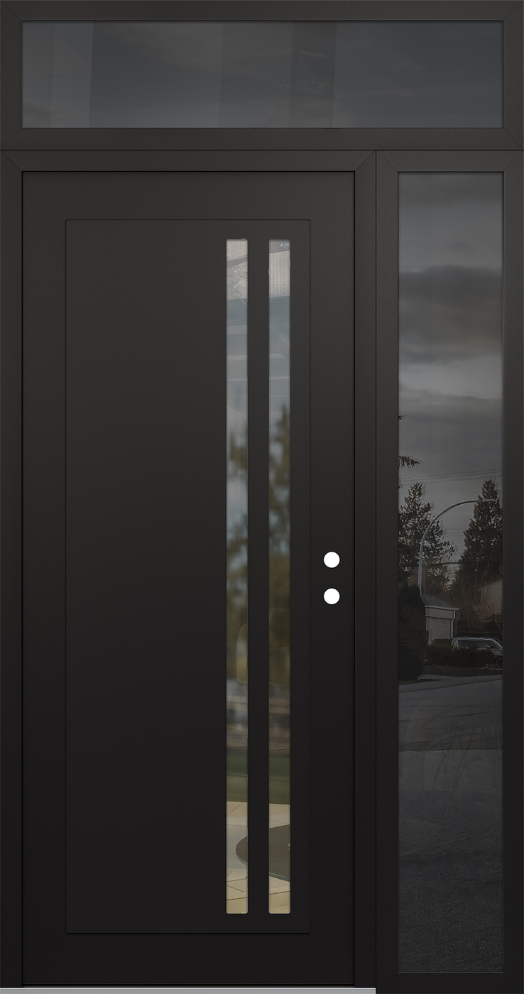Modern Steel Front Door Diamond C6 48" x 96" black/black clear Glass Panel black LHI with Sidelite and Transom mirrored Glass