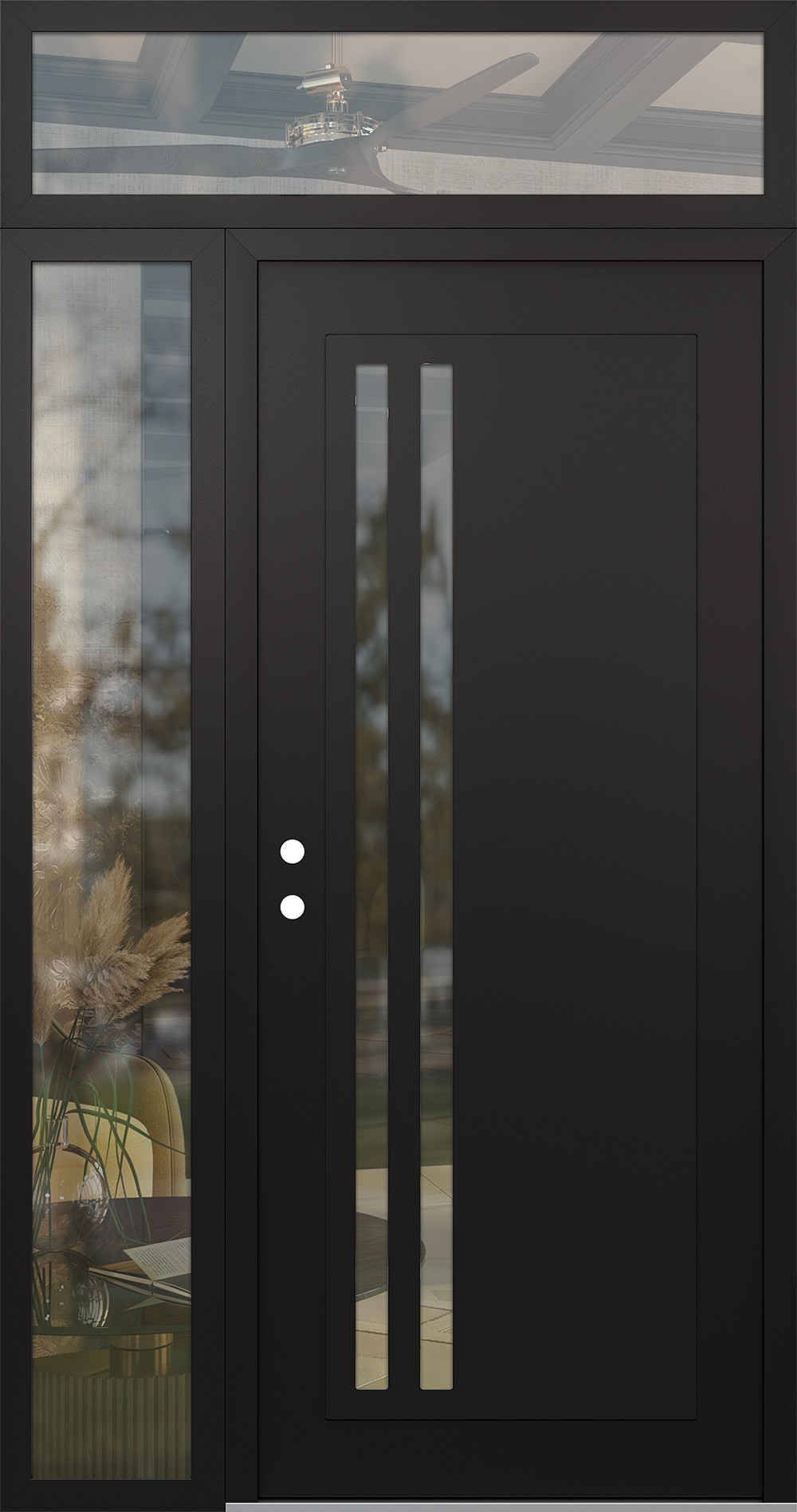 Modern Steel Front Door Diamond C6 48" x 96" black/black clear Glass Panel black RHI with Sidelite and Transom clear Glass