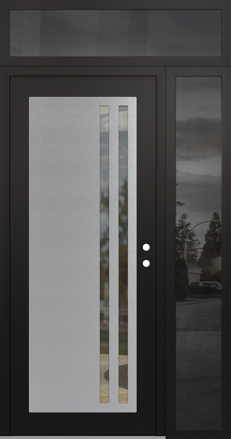 Modern Steel Front Door Diamond C6 48" x 96" black/black clear Glass Panel stainless steel LHI with Sidelite and Transom mirrored Glass