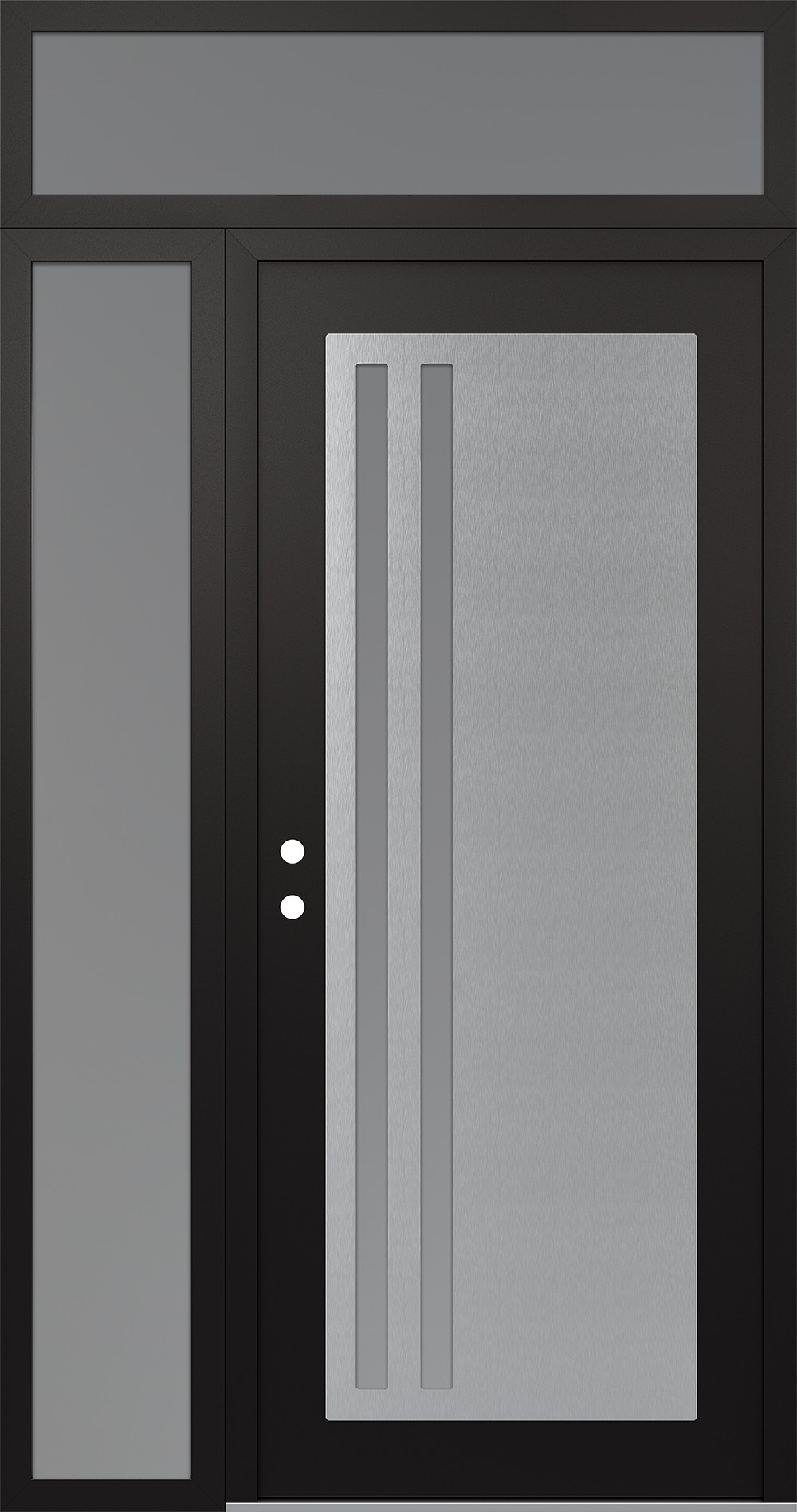 Modern Steel Front Door Diamond C6 48" x 96" black/white frosted Glass Panel stainless steel RHI with Sidelite and Transom frosted Glass