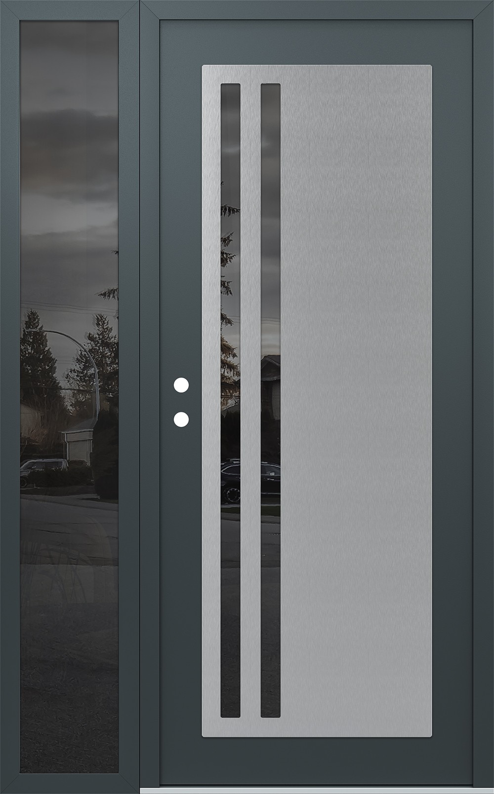 Modern Steel Front Door Diamond C6 50" x 80" anthracite/anthracite mirrored Glass Panel stainless steel RHI with Sidelite mirrored Glass