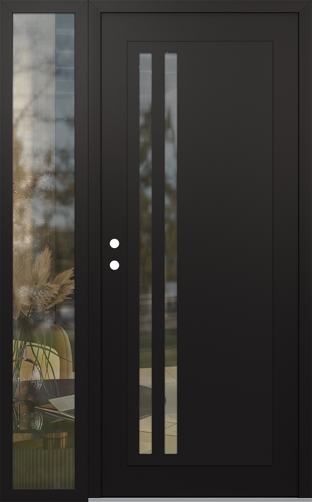 Modern Steel Front Door Diamond C6 50" x 80" black/black clear Glass Panel black RHI with Sidelite clear Glass