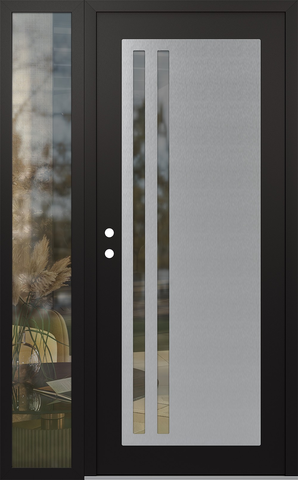 Modern Steel Front Door Diamond C6 50" x 80" black/black clear Glass Panel stainless steel RHI with Sidelite clear Glass