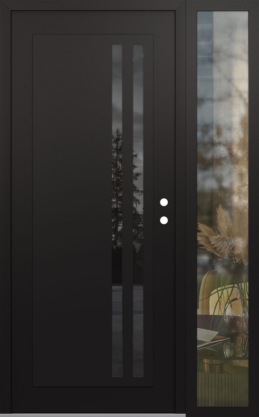 Modern Steel Front Door Diamond C6 50" x 80" black/black mirrored Glass Panel black LHI with Sidelite clear Glass