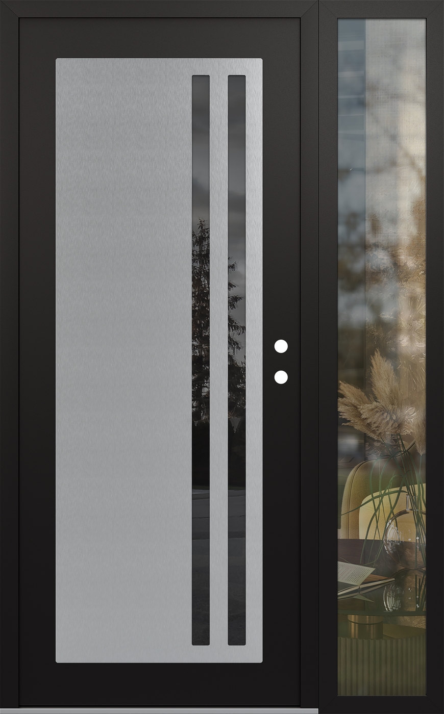 Modern Steel Front Door Diamond C6 50" x 80" black/black mirrored Glass Panel stainless steel LHI with Sidelite clear Glass