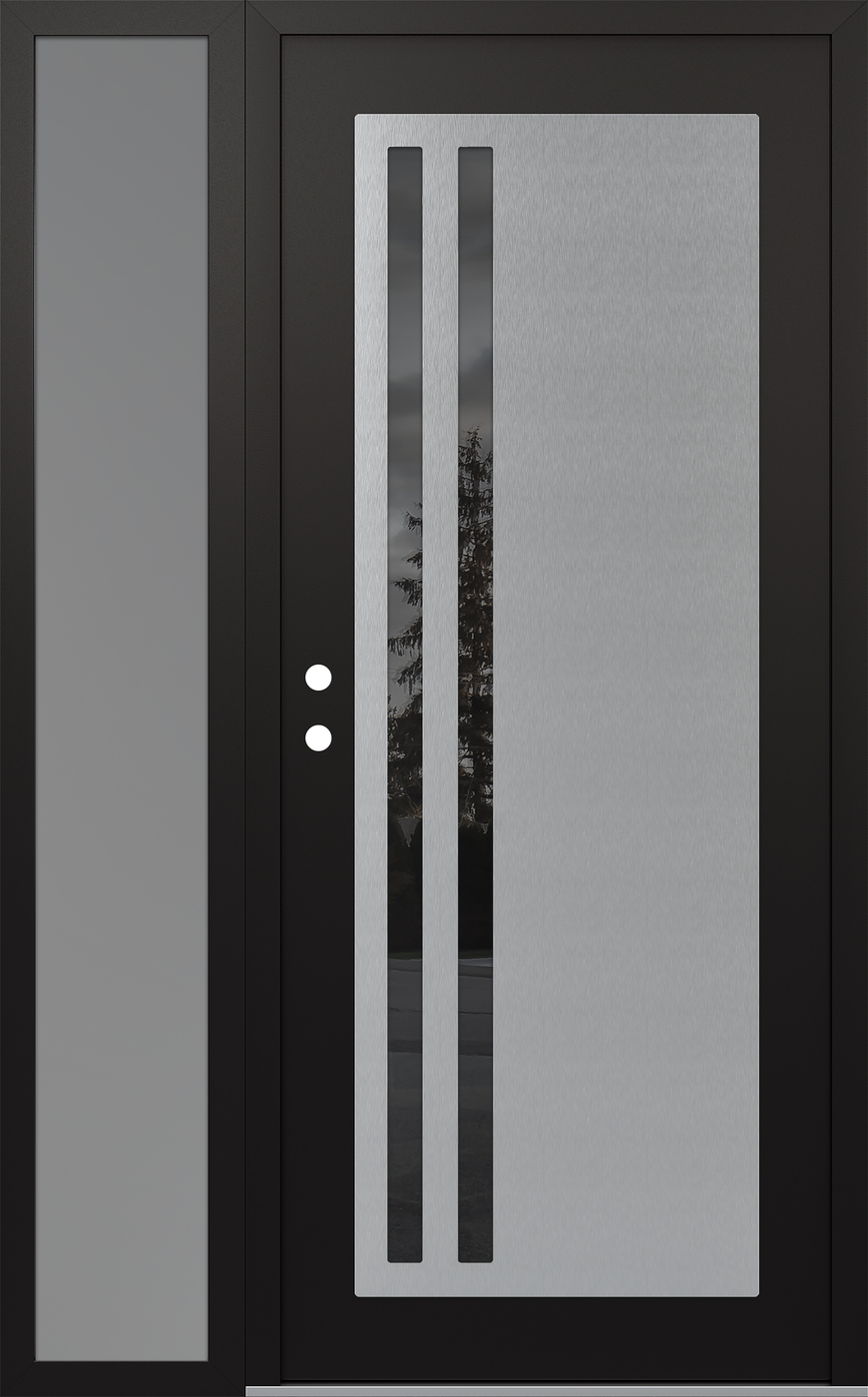 Modern Steel Front Door Diamond C6 50" x 80" black/black mirrored Glass Panel stainless steel RHI with Sidelite frosted Glass