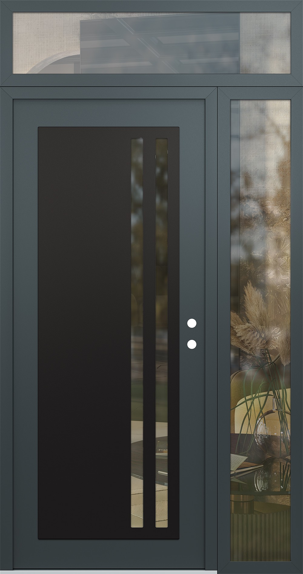 Modern Steel Front Door Diamond C6 50" x 96" anthracite/anthracite clear Glass Panel black LHI with Sidelite and Transom clear Glass