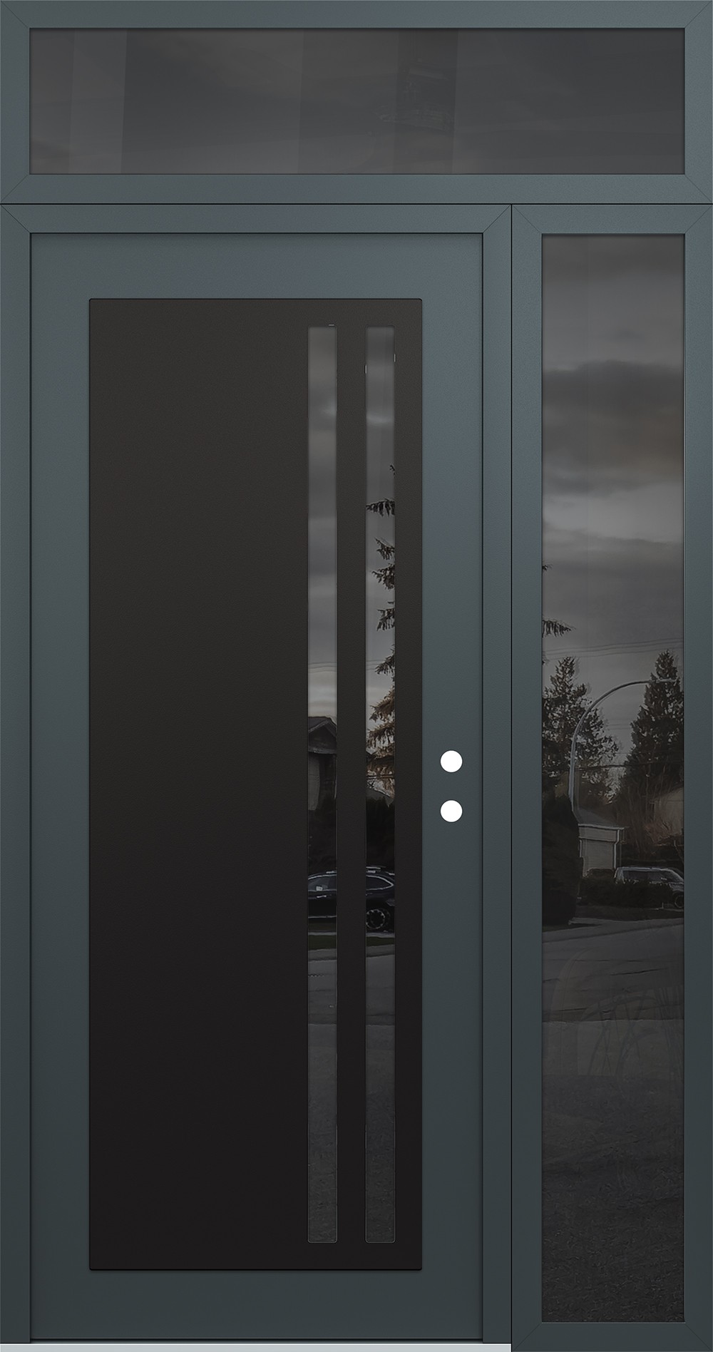 Modern Steel Front Door Diamond C6 50" x 96" anthracite/anthracite mirrored Glass Panel black LHI with Sidelite and Transom mirrored Glass