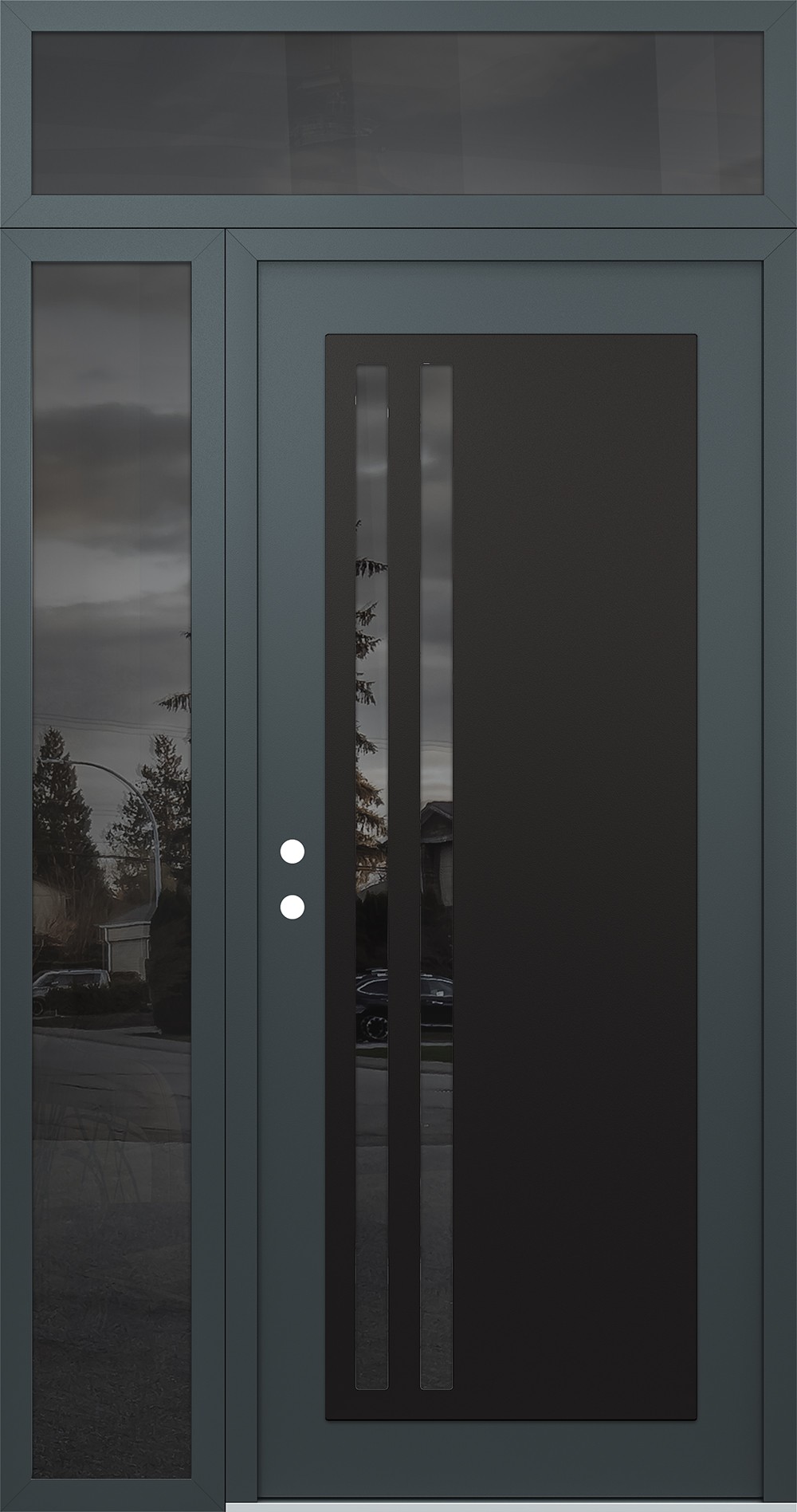 Modern Steel Front Door Diamond C6 50" x 96" anthracite/anthracite mirrored Glass Panel black RHI with Sidelite and Transom mirrored Glass