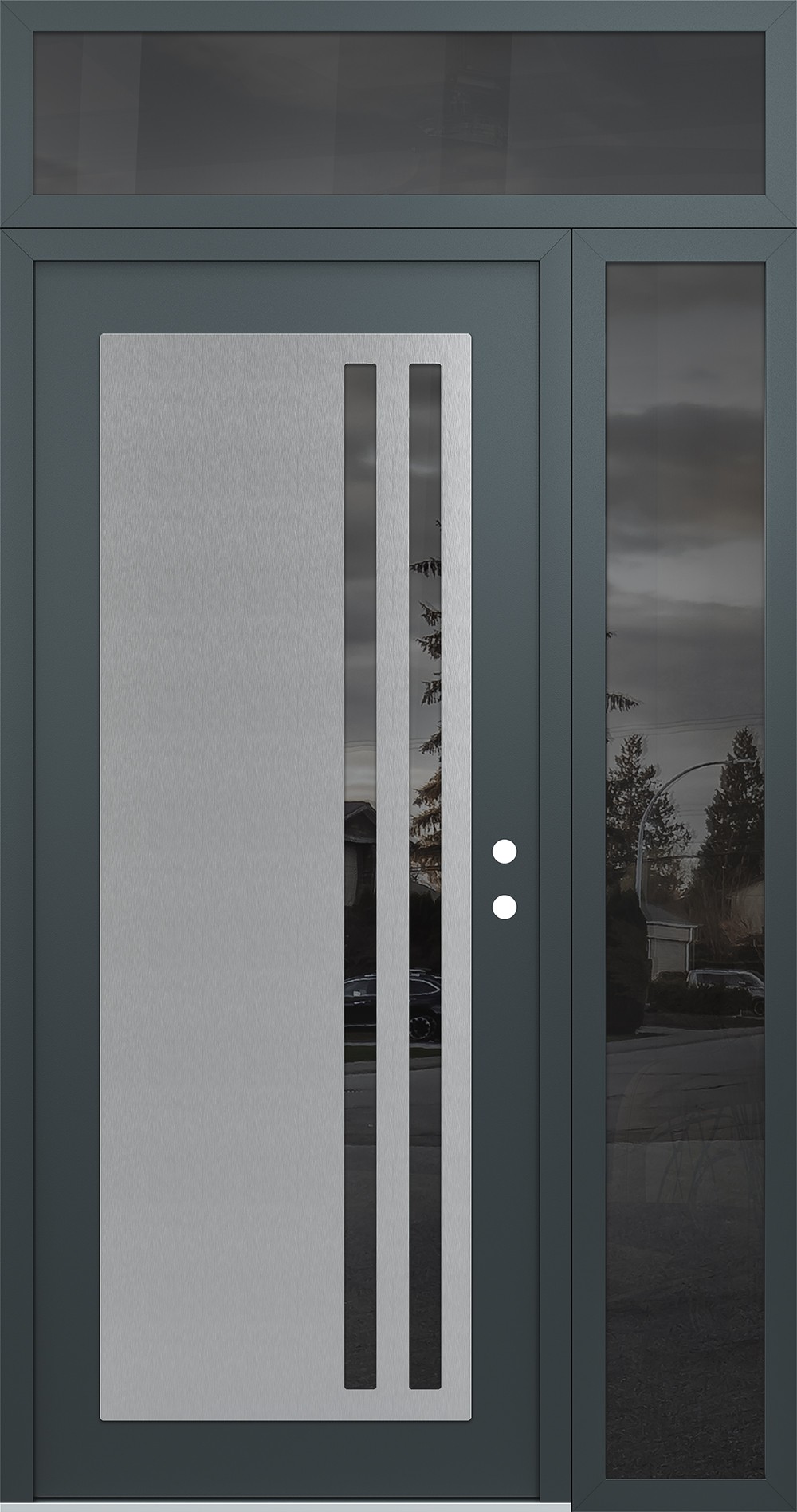 Modern Steel Front Door Diamond C6 50" x 96" anthracite/anthracite mirrored Glass Panel stainless steel LHI with Sidelite and Transom mirrored Glass