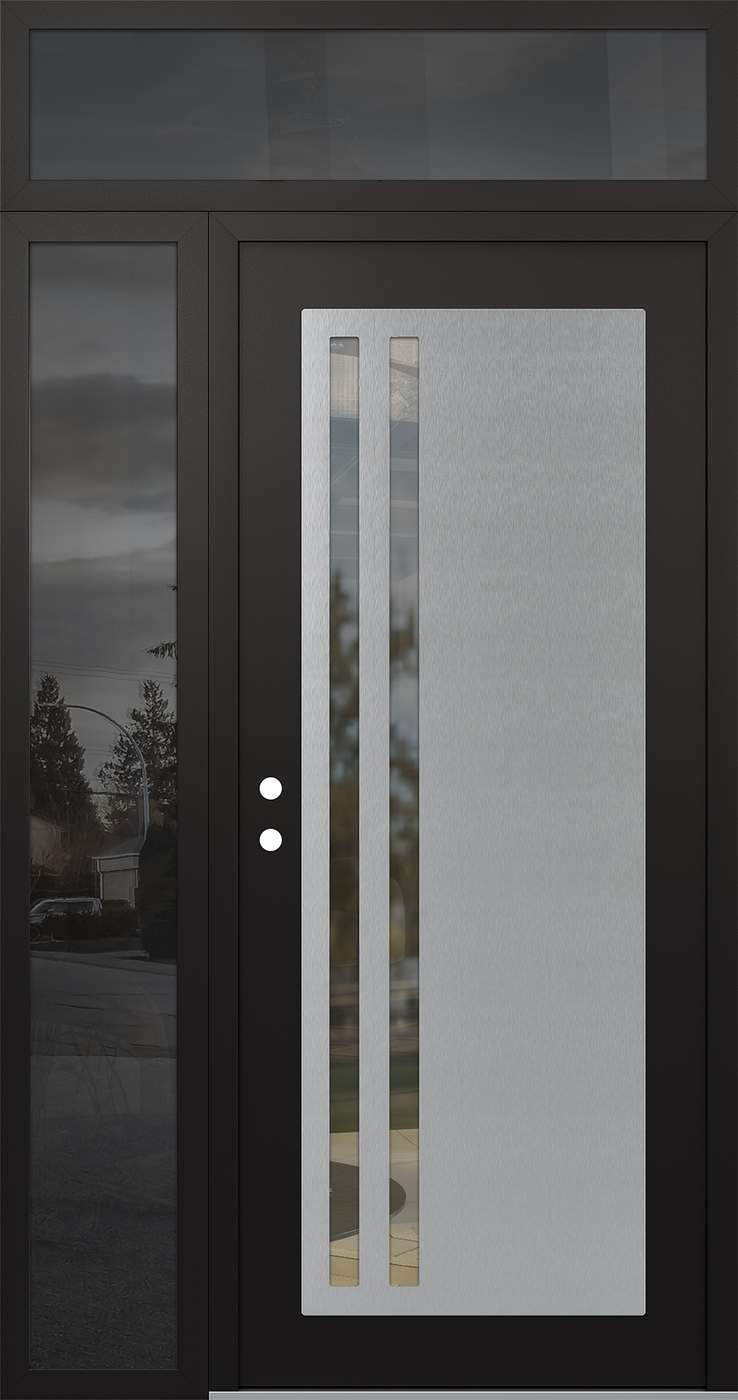 Modern Steel Front Door Diamond C6 50" x 96" black/black clear Glass Panel stainless steel RHI with Sidelite and Transom mirrored Glass