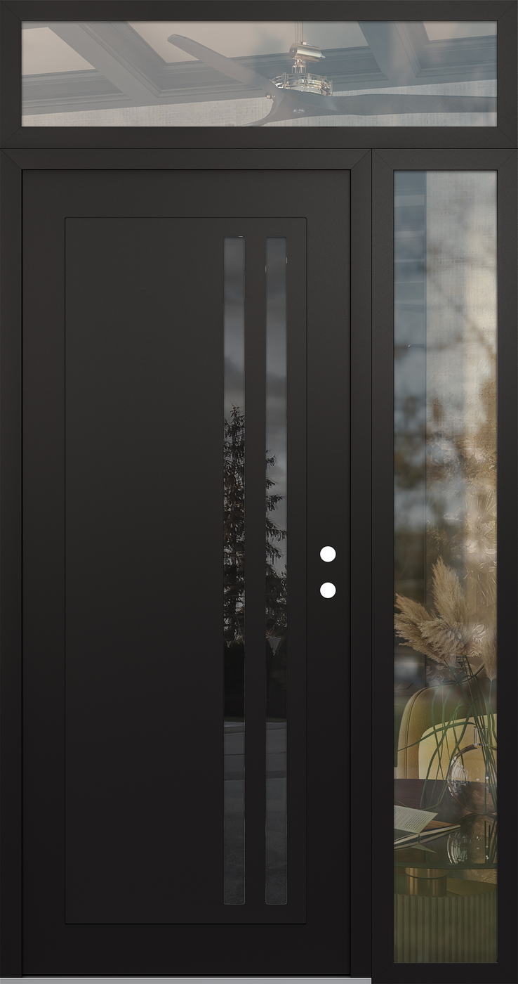 Modern Steel Front Door Diamond C6 50" x 96" black/black mirrored Glass Panel black LHI with Sidelite and Transom clear Glass