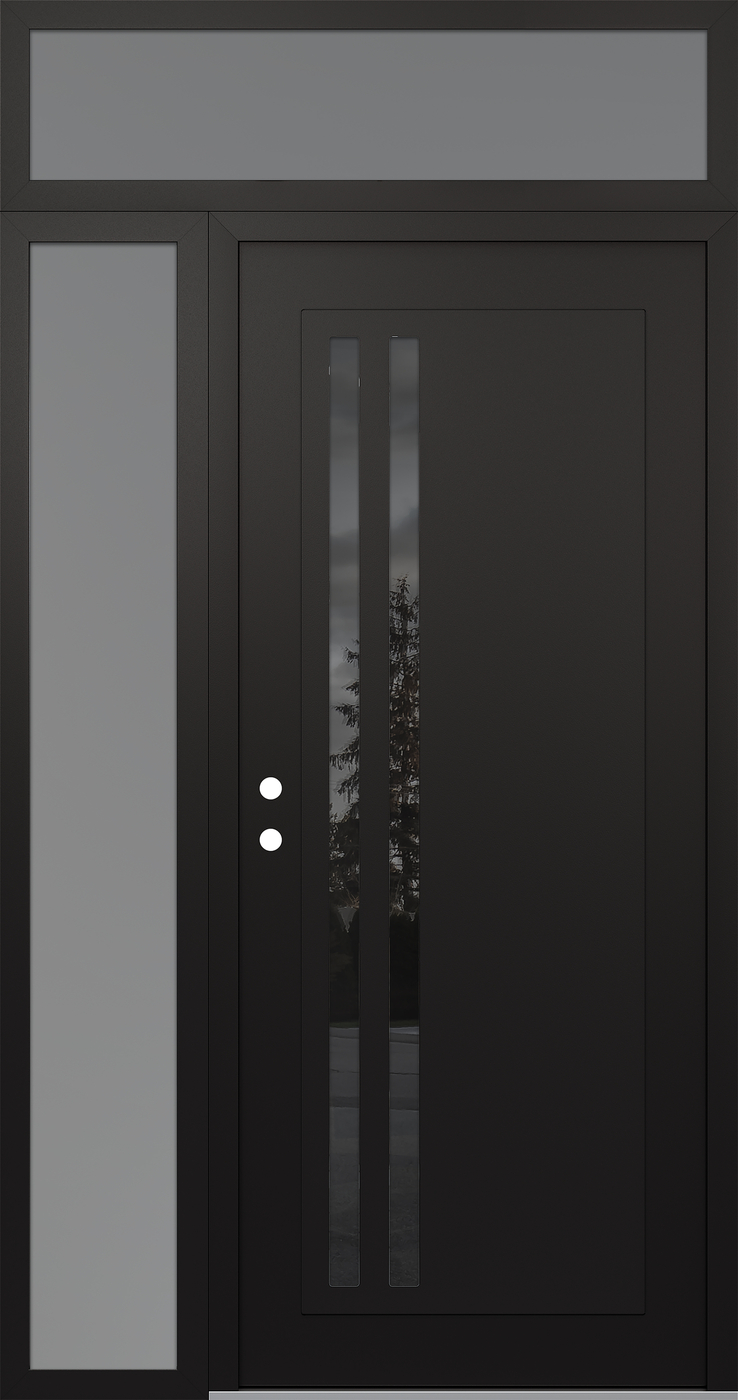 Modern Steel Front Door Diamond C6 50" x 96" black/black mirrored Glass Panel black RHI with Sidelite and Transom frosted Glass